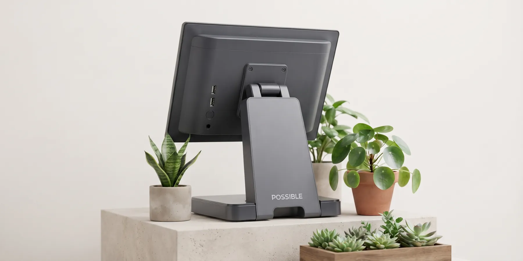 POSSIBLE D4 touch POS, rear view, on a counter